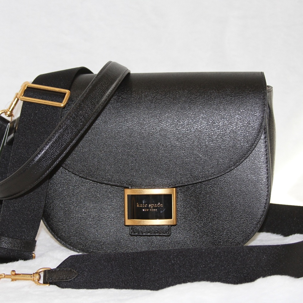 NWT Kate Spade Katy Saddle Crossbody Bag Black Leather Purse